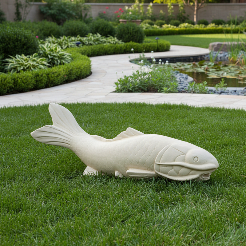 Carved fish sculpture with detailed scales and fins, featuring classical old world European and Renaissance-inspired design elements. Side Angle