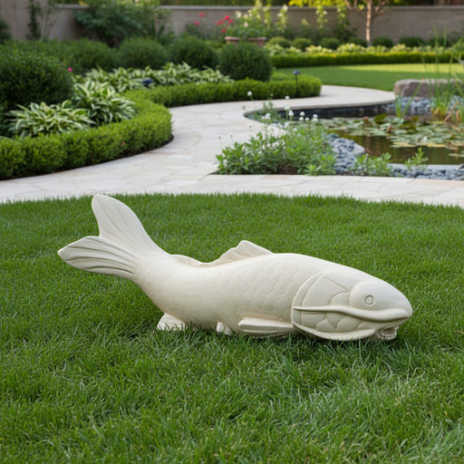 Carved fish sculpture with detailed scales and fins, featuring classical old world European and Renaissance-inspired design elements. Side Angle
