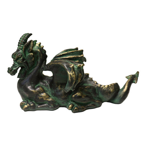 Baroque-style dragon figurine with ornate detailing, curled tail, outstretched wings, and classical old world European features. Side View