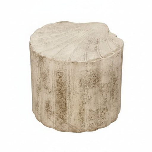 Classical Greek-inspired pedestal stool with fluted sides and scalloped top, featuring an old world European, weathered finish.