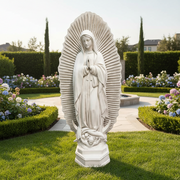 Virgin Mary statue in classical old world European style, ornate halo backdrop, hands in prayer, flowing robes, Renaissance influence Side Angle