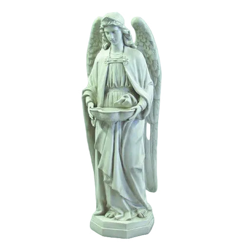 Angel statue in classical old world European style, featuring flowing robes and ornate wings, holding a bowl with a small lamb. Side View