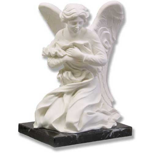 Kneeling angel statue with flowing robes and detailed wings, featuring ornate old world European and classical design elements.