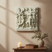 Classical Renaissance relief sculpture depicting dancing children and adults in flowing robes with ornate, old world European detailing. Side Angle