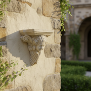 Classical architectural corbel featuring an ornate bearded face with intricate old world European detailing and sculpted hair. Side Angle