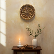 Ornate round medallion with classical Baroque floral motif and detailed raised border in old world European style. Other Angle