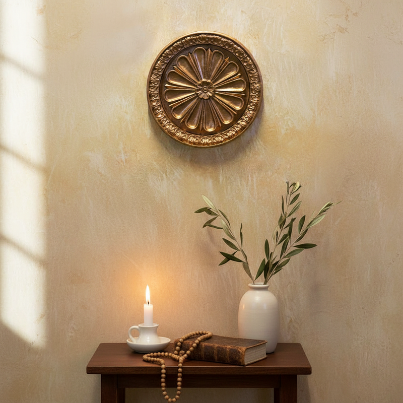 Ornate round medallion with classical Baroque floral motif and detailed raised border in old world European style. Other Angle
