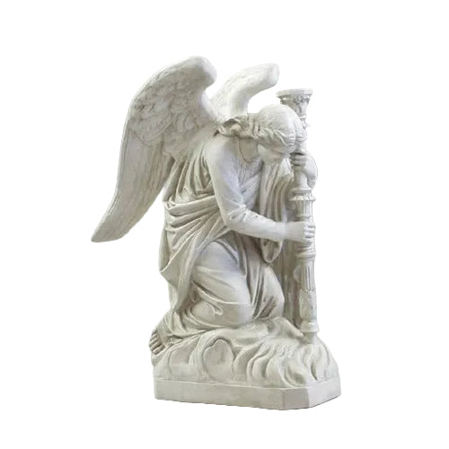Kneeling angel statue in classical old world European style with ornate wings and flowing robes, holding a decorative pillar. Side View