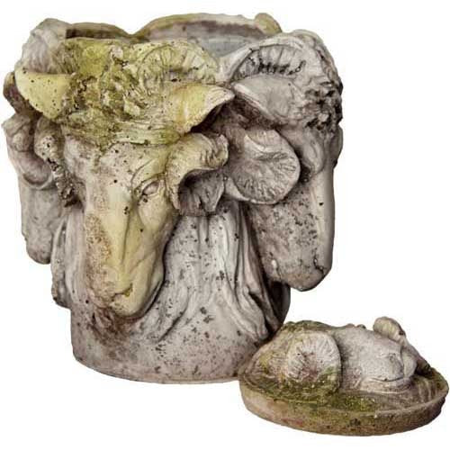 Ram head urn with ornate, old world European detailing and classical sculptural relief, featuring a removable lid with ram motif.