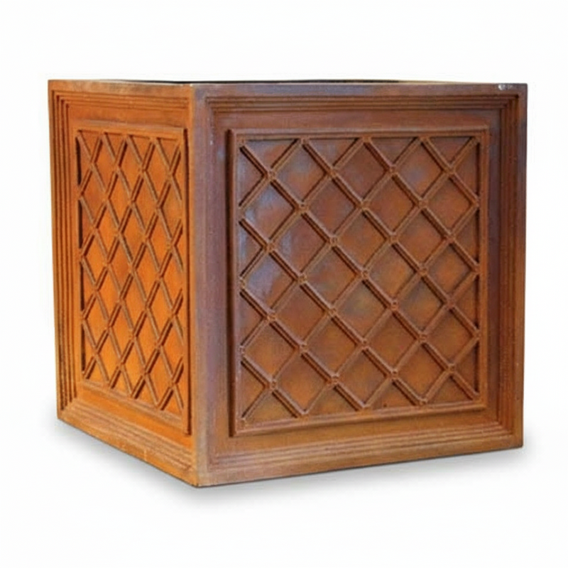 Square planter with ornate lattice panel design, classical old world European style, featuring raised geometric detailing on all sides.