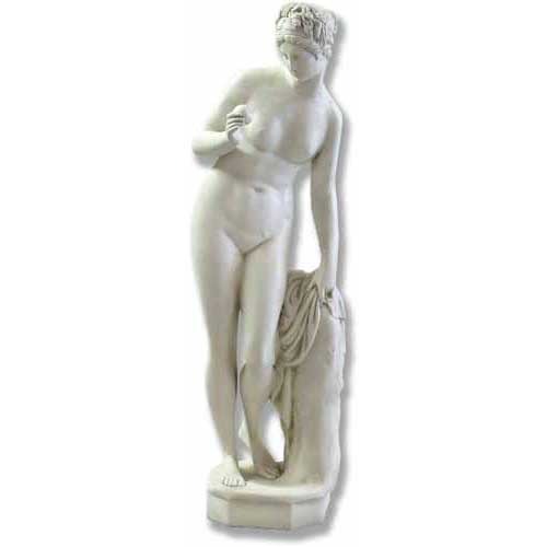 Classical Greek-style female statue in a contrapposto pose, with ornate detailing and draped cloth, evoking Renaissance elegance.