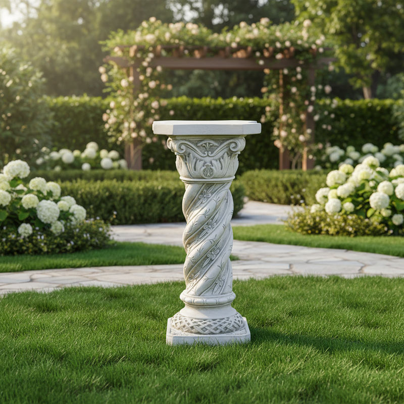 Ornate classical pedestal with twisted column, floral Baroque detailing, and a hexagonal top in old world European style. Side Angle