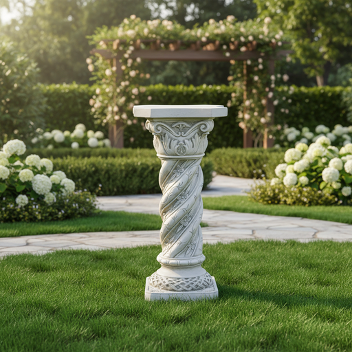 Ornate classical pedestal with twisted column, floral Baroque detailing, and a hexagonal top in old world European style. Side Angle