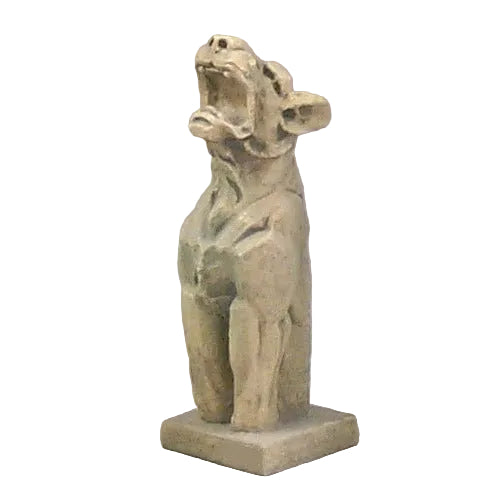 Gothic-style ornate gargoyle statue with open mouth, upright posture, and classical old world European detailing on a square base. Side View