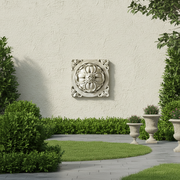 Ornate square medallion with classical old world European floral motif and intricate Baroque scrollwork border. Side Angle