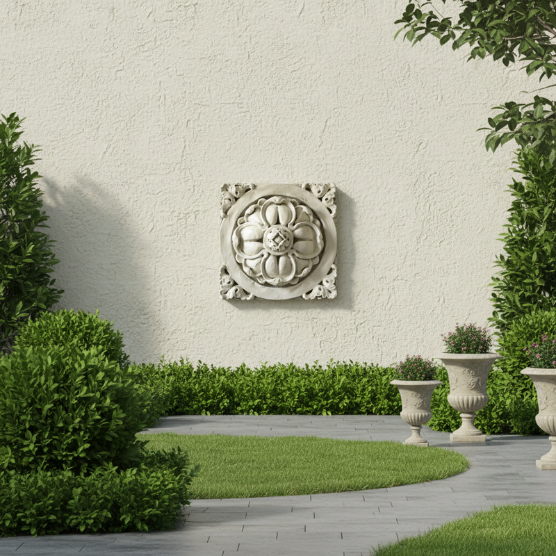 Ornate square medallion with classical old world European floral motif and intricate Baroque scrollwork border. Side Angle