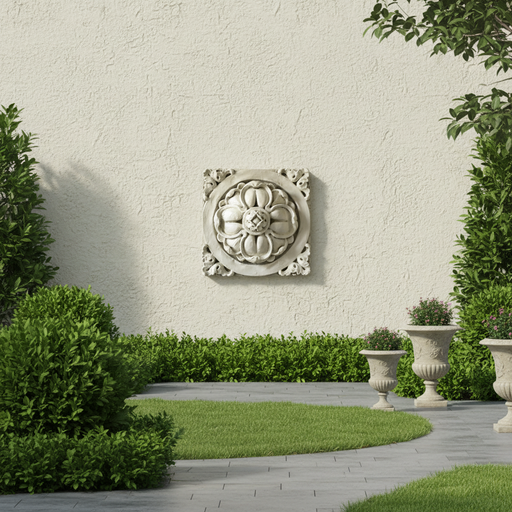Ornate square medallion with classical old world European floral motif and intricate Baroque scrollwork border. Side Angle
