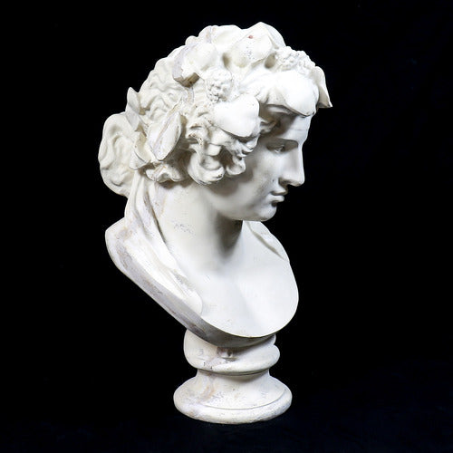 Classical Greco-Roman style bust with ornate floral crown and serene facial expression, inspired by Renaissance sculpture. Additional Angle