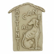 Relief plaque with a classical Italian greyhound and raised “Attenti al cane” text in an old world European style.