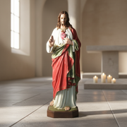 Sacred Heart of Jesus statue in classical Renaissance style, featuring ornate robes and detailed facial expression, standing on a pedestal. Different Angle