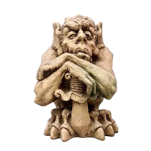 Gothic gargoyle statue with a contemplative expression, resting chin on hands atop a sword, featuring ornate medieval details.