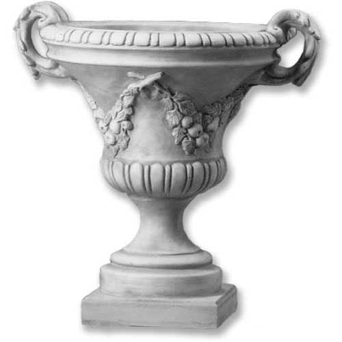Ornate classical urn with Baroque handles and garland detailing, fluted bowl, and pedestal base in old world European style.