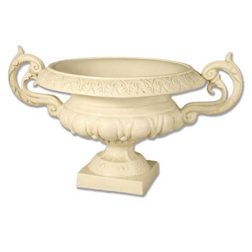Ornate classical urn with elaborate scroll handles and embossed Baroque detailing, featuring a pedestal base and fluted bowl.