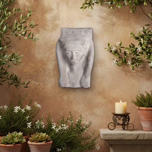Ancient Egyptian-style sculpted head with stylized features, ornate headdress, and hieroglyphic carvings in classical relief. Side Angle