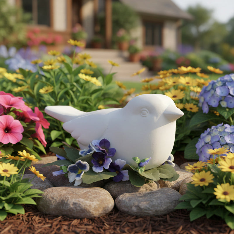 White bird figurine in classical style, surrounded by ornate violet flowers and green leaves, evoking old world European charm. Side Angle