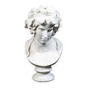 Classical Greco-Roman style bust with ornate floral crown and serene facial expression, inspired by Renaissance sculpture. Side View