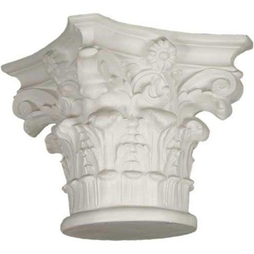 Corinthian column capital with ornate acanthus leaves, scrolls, and classical floral motifs in old world European style.