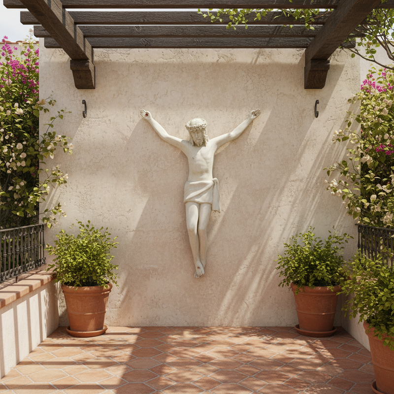 Crucifix sculpture featuring Jesus with outstretched arms, classical old world European style, detailed and ornate design. Side Angle