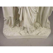 Holy family statue in classical old world European style with ornate drapery and serene expressions, featuring three standing figures. Side Angle View
