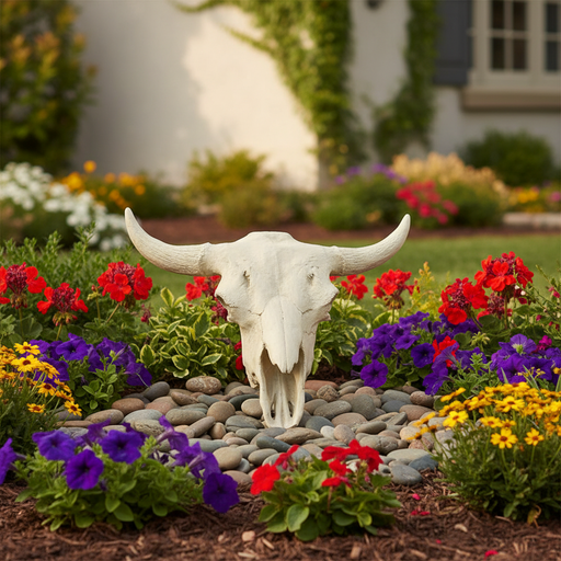 Bull skull with prominent curved horns, featuring rugged, old world European and medieval-inspired decorative style. Side Angle