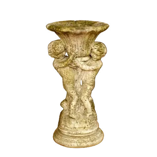Baroque pedestal planter with ornate cherub figures supporting a fluted bowl, featuring classical old world European detailing.