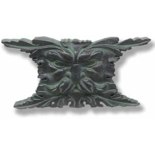 Ornate old world European door knocker featuring a classical Green Man face with intricate leaf and vine Baroque detailing.