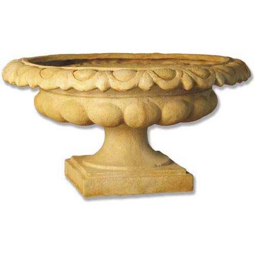Ornate classical urn planter with scalloped rim and pedestal base, featuring old world European and Renaissance design elements.