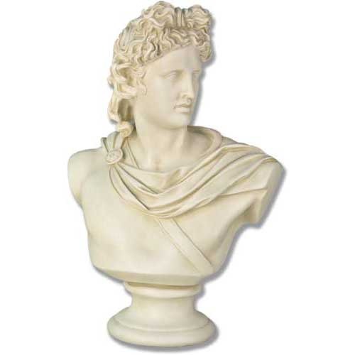 Classical Greek-style bust with ornate drapery and detailed curly hair, evoking Renaissance and old world European artistry.
