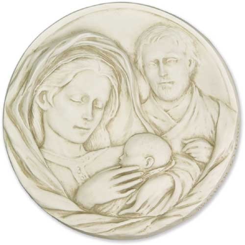 Holy Family relief medallion featuring classical Renaissance style with ornate, detailed figures of Mary, Joseph, and infant Jesus.