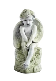 Seated cherub statue with detailed wings and curled hair, featuring ornate old world European and classical design elements.