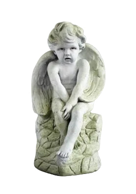 Seated cherub statue with detailed wings and curled hair, featuring ornate old world European and classical design elements.