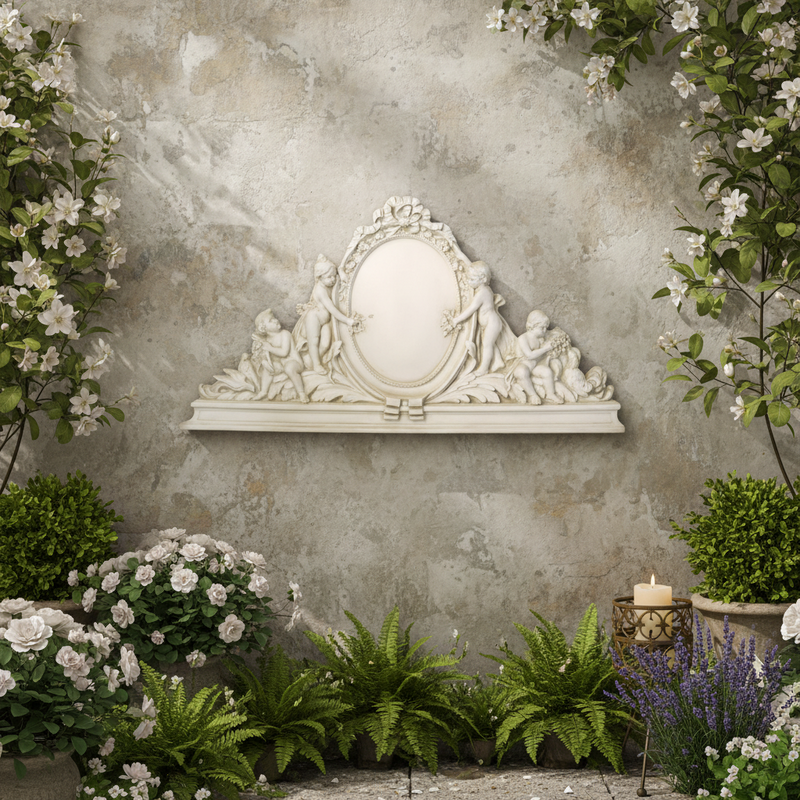 Ornate Baroque-style mirror frame with cherubs, floral detailing, and classical old world European decorative motifs. Side Angle