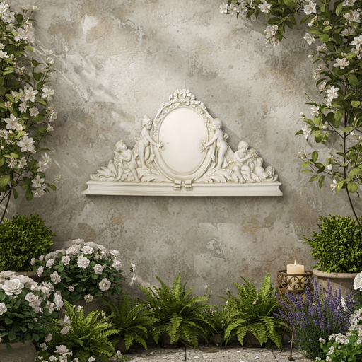 Ornate Baroque-style mirror frame with cherubs, floral detailing, and classical old world European decorative motifs. Side Angle