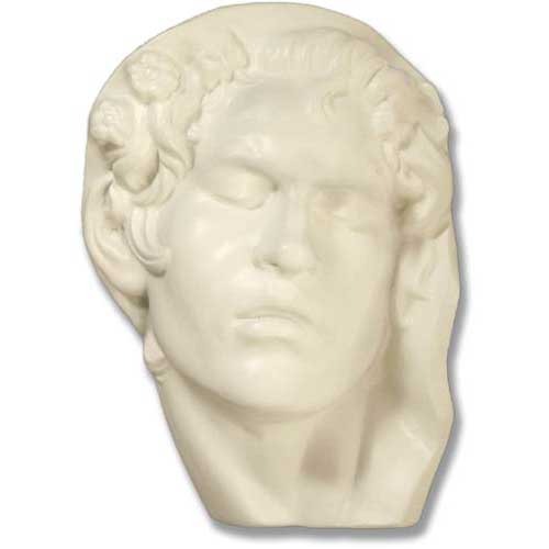 Classical European sculpted head with closed eyes, featuring soft, serene expression and subtle Renaissance-inspired details.