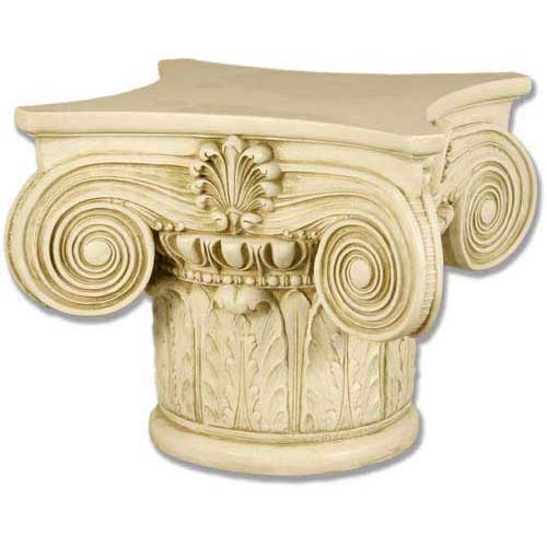 Classical Greek Ionic column capital with ornate volutes, acanthus leaf detailing, and symmetrical old world European design.