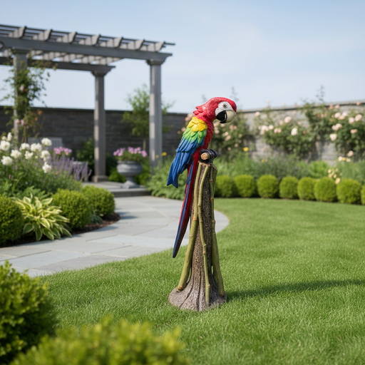 Macaw parrot perched on an ornate, old world European style tree stump with classical detailing and naturalistic features Side Angle