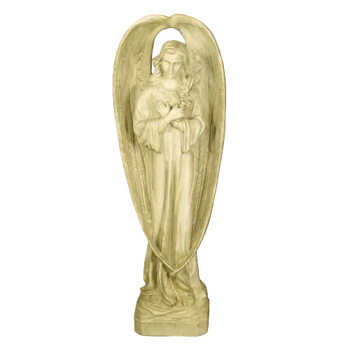 Angel statue with folded hands, long flowing robes, and large wings in an ornate, old world European classical style.