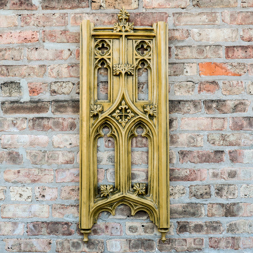 Gothic-style ornate panel with pointed arches, quatrefoil cutouts, and intricate classical detailing reminiscent of medieval architecture. Additional Angle