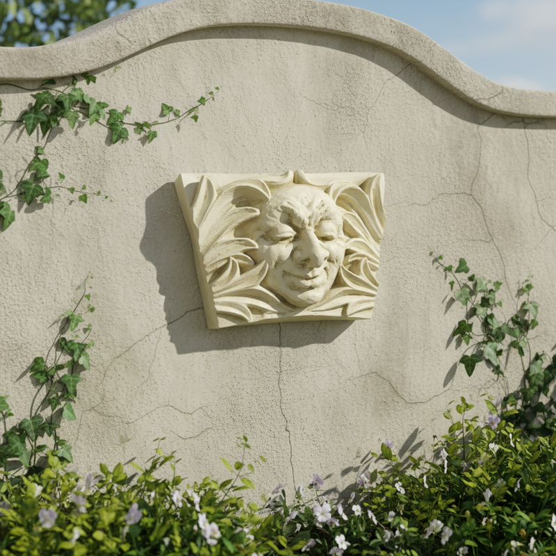 Grotesque face relief with ornate, swirling Baroque foliage in old world European architectural style. Side Angle