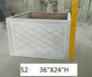 Square planter with classical old world European lattice panel design and ornate carved border detailing on all sides. Side Angle